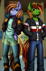 Size: 2490x3809 | Tagged: safe, artist:pridark, oc, oc only, species:anthro, g4, my little pony:equestria girls, canterlot high, clothing, commission, cosplay, costume, duo, equestria girls outfit, female, high res, jacket, male, matching outfits, pants