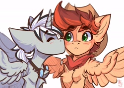 Size: 2048x1448 | Tagged: safe, artist:falafeljake, oc, oc only, oc:dark tempest, oc:kayle rustone, species:alicorn, species:pegasus, species:pony, alicorn oc, blushing, cheek kiss, chest fluff, cute, duo, duo male, eyebrows, eyebrows visible through hair, eyes closed, horn, kissing, male, ocbetes, pegasus oc, signature, simple background, spread wings, stallion, white background, wings