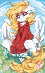Size: 1262x2048 | Tagged: safe, artist:vanilla-chan, oc, oc only, oc:fox, species:pegasus, species:pony, clothing, commission, flower, frog (hoof), grass, hoodie, hooves, looking at you, outdoors, pegasus oc, sitting, solo, sparkles, spread wings, underhoof, wings