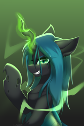 Size: 4389x6615 | Tagged: safe, artist:lunylin, character:queen chrysalis, species:changeling, g4, absurd resolution, changeling queen, evil grin, fangs, female, glowing horn, gradient background, grin, horn, looking at you, magic, sharp teeth, signature, smiling, smiling at you, solo
