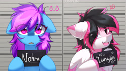 Size: 5931x3312 | Tagged: safe, artist:lunylin, oc, oc only, oc:lunylin, oc:nohra, species:earth pony, species:pegasus, species:pony, absurd resolution, barbie mugshot meme, duo, duo female, earth pony oc, eye clipping through hair, female, floppy ears, looking at you, mare, meme, mugshot, name, open mouth, pegasus oc, signature