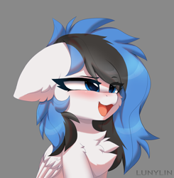Size: 2345x2397 | Tagged: safe, artist:lunylin, oc, oc only, species:pegasus, species:pony, blushing, chest fluff, commission, cute, eye clipping through hair, eyebrows, eyebrows visible through hair, floppy ears, folded wings, gray background, high res, ocbetes, open mouth, pegasus oc, signature, simple background, solo, wings