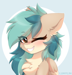 Size: 2101x2180 | Tagged: safe, artist:lunylin, oc, oc only, oc:peacher, species:pegasus, species:pony, bust, chest fluff, cute, ear fluff, eye clipping through hair, female, folded wings, high res, looking at you, mare, ocbetes, one eye closed, pegasus oc, portrait, signature, smiling, smiling at you, solo, wings, wink, winking at you