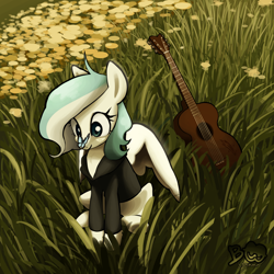 Size: 2048x2048 | Tagged: safe, artist:brainr0tter, oc, oc only, oc:azure comet, species:pegasus, species:pony, g4, butterfly, butterfly on nose, clothing, cute, field, grass, grass field, guitar, musical instrument, ocbetes, signature, solo
