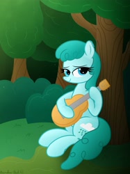 Size: 3016x4032 | Tagged: safe, artist:rainbowšpekgs, character:spring melody, character:sprinkle medley, species:pegasus, species:pony, g4, cute, cutie mark, explicit source, eyebrows, eyelashes, female, forest, guitar, looking at you, mare, musical instrument, smiling, solo, tail, tree