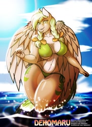 Size: 1332x1828 | Tagged: safe, alternate version, artist:dekomaru, oc, oc:sylvia evergreen, species:anthro, species:pegasus, species:pony, belly button, big breasts, bikini, both cutie marks, braided pigtails, breasts, busty oc, cleavage, clothing, cloud, cutie mark, day, explicit source, eyebrows, eyelashes, female, green swimsuit, looking at you, mare, ocean, sky, smiling, solo, swimsuit, water, wide hips, wings