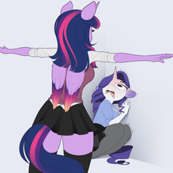 Size: 900x900 | Tagged: safe, artist:evehly, character:rarity, character:twilight sparkle, character:twilight sparkle (alicorn), species:alicorn, species:anthro, species:unicorn, g4, adorable distress, asserting dominance, breasts, busty twilight sparkle, cicada block, clothing, colored wings, colored wingtips, cornered, cute, duo, faec, fear, female, floppy ears, folded wings, frown, gradient wings, mare, marshmelodrama, meme, miniskirt, multicolored wings, open mouth, pantyhose, pleated skirt, scared, shirt, shivering, side slit, silly, skirt, socks, stockings, t pose, teary eyes, thigh highs, trembling, wide eyes, wikihow, wing fluff, wings, zettai ryouiki
