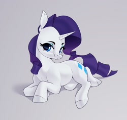 Size: 2280x2160 | Tagged: safe, artist:aquaticvibes, character:rarity, species:pony, species:unicorn, g4, cutie mark, eyebrows, eyelashes, eyeshadow, female, gray background, horn, looking at you, lying down, makeup, mare, on side, simple background, solo, tail