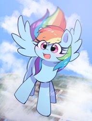 Size: 1726x2264 | Tagged: safe, artist:leo19969525, character:rainbow dash, species:pegasus, species:pony, g4, cute, dashabetes, female, flying, mare, open mouth, signature, solo, spread wings, wings