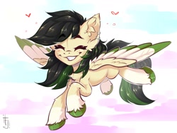Size: 1600x1200 | Tagged: safe, artist:falafeljake, oc, oc only, species:pegasus, species:pony, blushing, colored wingtips, cute, ear fluff, eyebrows, eyebrows visible through hair, eyes closed, female, flying, grin, mare, multicolored wings, ocbetes, pegasus oc, signature, smiling, solo, spread wings, unshorn fetlocks, wings