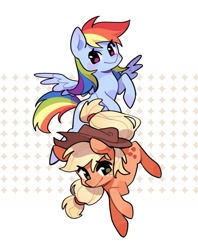 Size: 1337x1691 | Tagged: safe, artist:meowzng999, character:applejack, character:rainbow dash, species:earth pony, species:pegasus, species:pony, ship:appledash, g4, abstract background, apple family member, applejack's hat, clothing, cowboy hat, cute, dashabetes, duo, duo female, female, flying, hat, jackabetes, lesbian, looking at you, mare, raised hoof, shipping, smiling, smiling at you, spread wings, stetson, wings