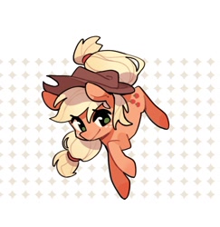 Size: 1270x1305 | Tagged: safe, artist:meowzng999, character:applejack, species:earth pony, species:pony, g4, abstract background, apple family member, applejack's hat, clothing, cowboy hat, cute, female, hat, jackabetes, looking at you, mare, raised hoof, smiling, smiling at you, solo, stetson