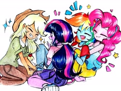 Size: 2471x1854 | Tagged: safe, artist:liaaqila, character:applejack, character:pinkie pie, character:rainbow dash, character:twilight sparkle, species:human, g4, my little pony:equestria girls, apple family member, barefoot, clothing, commission, eyes closed, feet, female, giggling, grin, high res, laughing, open mouth, pajamas, quartet, simple background, sitting, smiling, tickling, traditional art, white background