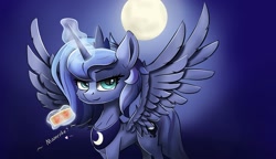 Size: 2000x1150 | Tagged: safe, artist:行豹cheetahspeed, character:princess luna, species:alicorn, species:pony, g4, cake, dialogue, female, food, full moon, glowing horn, horn, levitation, looking at you, magic, magic aura, mare, moon, solo, spread wings, telekinesis, wings