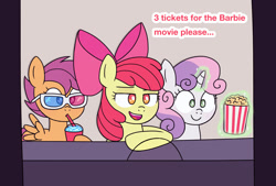 Size: 1476x1000 | Tagged: safe, artist:felicitea, character:apple bloom, character:scootaloo, character:sweetie belle, species:earth pony, species:pegasus, species:pony, species:unicorn, g4, 3d glasses, apple family member, barbie movie, cutie mark crusaders, food, movie theater, popcorn, slushie, trio