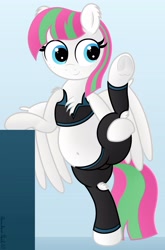 Size: 2597x3923 | Tagged: safe, artist:rainbowšpekgs, character:blossomforth, species:pegasus, species:pony, g4, belly button, bra, bra on pony, chest fluff, chubby, clothing, explicit source, eyelashes, female, freckles, frog (hoof), hooves, mare, pants, shoulder fluff, smiling, solo, sports bra, stretching, underhoof, underwear, vertical split, yoga pants