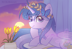 Size: 1358x921 | Tagged: safe, artist:memengla, oc, oc only, species:alicorn, species:pony, alicorn oc, butterfly, commission, laurel wreath, twilight (time of day), vase