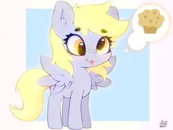 Size: 4000x3000 | Tagged: safe, artist:zokkili, character:derpy hooves, species:pegasus, species:pony, g4, beanbrows, blep, cute, derpabetes, eyebrows, eyebrows visible through hair, female, food, high res, muffin, signature, smiling, solo, spread wings, that pony sure does love muffins, thought bubble, tongue out, wings