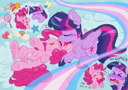 Size: 2048x1444 | Tagged: safe, artist:fangedcreeture, character:pinkie pie, character:twilight sparkle, character:twilight sparkle (alicorn), species:alicorn, species:earth pony, species:pony, ship:twinkie, g4, >.<, ><, cloud, duo, duo female, eyebrows, eyebrows visible through hair, eyes closed, female, folded wings, heart, horn, lesbian, lying down, mare, on back, one eye closed, open mouth, pride, pride flag, shipping, signature, tongue out, transgender pride flag, underhoof, unshorn fetlocks, wings, wink