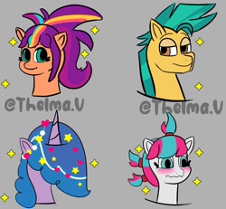 Size: 1200x1110 | Tagged: safe, artist:thelmavillagra, character:hitch trailblazer, character:izzy moonbow, character:sunny starscout, character:zipp storm, species:earth pony, species:pegasus, species:pony, species:unicorn, g5, my little pony: tell your tale, spoiler:tyts01e05, adorazipp, alternate hairstyle, bangs, blaze (coat marking), blushing, bust, cute, gradient hair, gray background, group, heart, hitchbetes, izzybetes, mane melody, mane stripe sunny, multicolored hair, quartet, signature, simple background, sparkles, stars, sunnybetes, three quarter view
