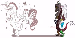 Size: 4096x2106 | Tagged: safe, artist:thelmavillagra, idw, character:discord, character:fluttershy, species:draconequus, species:pegasus, species:pony, g4, g5, spoiler:g5comic, antlers, broken horn, butterfly, female, flower, flower in hair, flying, g5 to g4, generation leap, high res, holding hands, horn, immortality blues, male, mare, old man discord, older discord, shadow, signature, simple background, spread wings, white background, wings