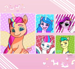 Size: 1200x1111 | Tagged: safe, alternate version, artist:thelmavillagra, part of a set, character:hitch trailblazer, character:izzy moonbow, character:pipp petals, character:sunny starscout, character:zipp storm, species:alicorn, species:earth pony, species:pegasus, species:pony, species:unicorn, g5, adorapipp, adorazipp, blaze (coat marking), cute, female, gradient hair, male, mane five, mane stripe sunny, mare, multicolored hair, pipp wings, race swap, rainbow hair, royal sisters (g5), siblings, sisters, stallion