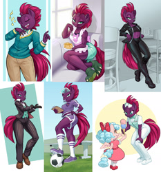 Size: 2000x2144 | Tagged: safe, artist:dstears, part of a set, character:cozy glow, character:fizzlepop berrytwist, character:tempest shadow, species:anthro, species:pegasus, species:plantigrade anthro, species:unicorn, g4, my little pony: the movie (2017), abs, abstract background, anthrofied, apron, beautiful, belly button, belt, blowing whistle, boots, bow, breasts, broken horn, busty tempest shadow, clipboard, clothing, compilation, cozybetes, cute, delicious flat chest, dress, eating, eye scar, eyebrows, eyes closed, facial scar, female, filly, food, football, gloves, grass, gym teacher tempest, hair bow, hat, holding, horn, housewife, ice cream, jacket, leaning, leaning back, leather, leather jacket, looking at you, mare, midriff, mouth hold, muscles, muscular female, name tag, neck bow, open mouth, pancakes, ponytones outfit, reasonably sized breasts, scar, school, school of friendship, sexy, shoes, simple background, singing, sitting, socks, solo, sports, stupid sexy tempest shadow, suit, tail, tempestbetes, that pony sure does love whistles, tongue out, tube top, uniform, visor, whistle, whistle necklace, wide hips, young