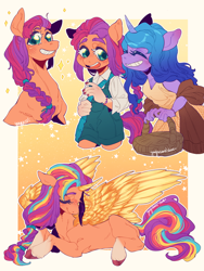 Size: 1500x2000 | Tagged: safe, artist:yuyusunshine, character:izzy moonbow, character:sunny starscout, species:alicorn, species:anthro, species:earth pony, species:pony, species:unicorn, g5, my little pony: a new generation, alicornified, artificial horn, artificial wings, augmented, clothing, coat markings, colored hooves, female, gradient background, gradient hair, hooves, horn, implied lesbian, implied shipping, looking at you, lying down, magic, magic horn, magic wings, mare, multicolored hair, profile, prone, race swap, shipping, smiling, smiling at you, socks (coat marking), sunnycorn, three quarter view, unshorn fetlocks, wings