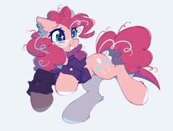 Size: 2048x1560 | Tagged: safe, artist:mirtash, character:pinkie pie, species:earth pony, species:pony, g4, clothing, female, glasses, mare, shirt, simple background, solo, sparkly eyes, white background, wingding eyes