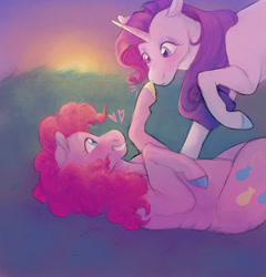 Size: 1706x1774 | Tagged: safe, artist:abbytabbys, character:pinkie pie, character:rarity, species:earth pony, species:pony, species:unicorn, ship:raripie, blushing, boop, cute, eyeshadow, grass field, heart, makeup, multicolored hooves, sunset