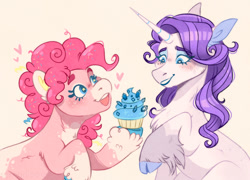 Size: 1024x739 | Tagged: safe, artist:serendippertyy, character:pinkie pie, character:rarity, species:classical unicorn, ship:raripie, g4, blushing, cloven hooves, coat markings, cupcake, cute, ear fluff, fluffy, food, freckles, heart, heart eyes, leonine tail, starry eyes, unshorn fetlocks, wingding eyes