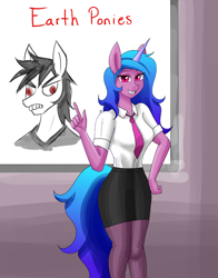 Size: 2200x2800 | Tagged: safe, artist:zachc, part of a set, character:izzy moonbow, oc, unnamed oc, species:anthro, species:earth pony, species:unicorn, g5, clothing, earth pony oc, female, gradient hair, high res, looking at you, mare, multicolored hair, necktie, shirt, skirt, solo