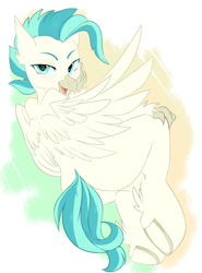Size: 2000x2699 | Tagged: safe, artist:thieftea, character:terramar, species:classical hippogriff, species:hippogriff, g4, abstract background, blushing, butt, colored eyebrows, cute, eyebrows, high res, looking at you, looking back, looking back at you, male, smiling, smiling at you, solo, stupid sexy terramar, underhoof, wings
