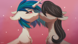 Size: 3840x2160 | Tagged: safe, artist:maybeweed, character:dj pon-3, character:octavia melody, character:vinyl scratch, species:earth pony, species:pony, species:unicorn, ship:scratchtavia, g4, chest fluff, cute, duo, duo female, eyes closed, female, floppy ears, gradient background, heart, high res, horn, imminent kissing, lesbian, mare, shipping, signature, tongue out