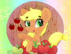 Size: 4000x3000 | Tagged: safe, artist:zokkili, character:applejack, species:earth pony, species:pony, g4, apple, apple eyes, apple family member, applejack's hat, beanbrows, clothing, cowboy hat, cute, eyebrows, eyebrows visible through hair, female, food, hat, high res, jackabetes, looking at you, mare, open mouth, open smile, signature, smiling, smiling at you, solo, stetson, that pony sure does love apples, wingding eyes