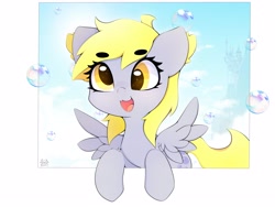Size: 4000x3000 | Tagged: safe, artist:zokkili, character:derpy hooves, species:pegasus, species:pony, g4, beanbrows, bubble, cute, derp, derpabetes, eyebrows, eyebrows visible through hair, female, high res, looking at you, mare, open mouth, open smile, signature, smiling, smiling at you, solo, spread wings, wings