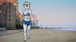 Size: 1440x810 | Tagged: safe, artist:apocheck13, part of a set, character:summer breeze, species:anthro, species:pegasus, species:pony, species:unguligrade anthro, g4, beach, belly button, bench, bikini, bikini top, boardwalk, breasts, cleavage, clothing, commission, dawn, explicit source, eyebrows, eyelashes, female, folded wings, grin, hair bun, jean shorts, jogging, lamp, lamppost, manehattan, mare, morning, ocean, outdoors, shorts, skyscraper, smiling, solo focus, swimsuit, tree, water, wings