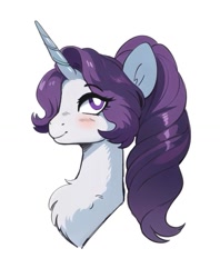 Size: 897x1132 | Tagged: safe, artist:fishiecake, artist:scarletskitty12, character:rarity, species:pony, species:unicorn, g4, alternate eye color, alternate hairstyle, blushing, chest fluff, female, mare, ponytail, portrait, simple background, solo, white background, wrong eye color