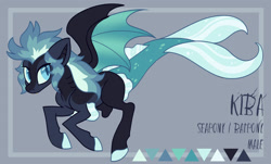Size: 1920x1163 | Tagged: safe, artist:bishopony, oc, oc only, oc:kiba (bishopony), species:bat pony, species:pony, amputee, blue mane, blue tail, dorsal fin, fangs, fin, fish, fish tail, hybrid, male, reference sheet, seapony (g4), sharp teeth, simple background, solo, spread wings, stallion, tail, wings