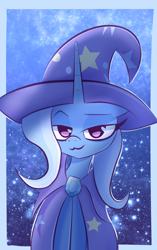Size: 2200x3500 | Tagged: safe, artist:thebigstuff89, character:trixie, species:pony, species:unicorn, g4, cape, clothing, female, hat, high res, horn, lidded eyes, looking at you, mare, smiling, smiling at you, smirk, smug, solo, trixie's cape, trixie's hat, wizard hat