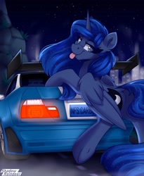 Size: 1800x2200 | Tagged: safe, artist:shadowreindeer, character:princess luna, species:alicorn, species:pony, g4, bipedal, bipedal leaning, blep, bmw, bmw m3, butt, car, cute, dock, female, leaning, lidded eyes, looking at you, looking back, looking back at you, lunabetes, mare, need for speed, need for speed carbon, night, plot, raspberry, smiling, solo, tail, tongue out, underhoof