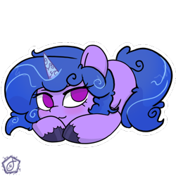 Size: 600x600 | Tagged: safe, artist:swishyfishy4308, character:izzy moonbow, species:pony, species:unicorn, g5, colored hooves, commission, cute, female, gradient hair, hooves, izzybetes, looking at you, lying down, mare, multicolored hair, no pupils, outline, promo, promotional art, signature, simple background, solo, transparent background, unshorn fetlocks, white outline, ych example, ych result, your character here