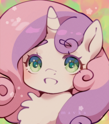 Size: 2000x2268 | Tagged: safe, artist:themavka, character:sweetie belle, species:pony, species:unicorn, g4, bust, chest fluff, cute, diasweetes, female, filly, high res, horn, looking at you, signature, smiling, smiling at you, solo, young