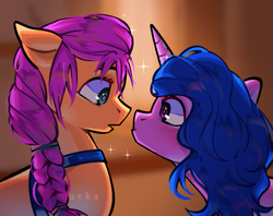 Size: 801x634 | Tagged: safe, artist:themavka, character:izzy moonbow, character:sunny starscout, species:earth pony, species:pony, species:unicorn, g5, duo, duo female, female, gradient hair, looking at each other, looking at someone, looking into each others eyes, mare, multicolored hair, scene interpretation, signature, staring contest