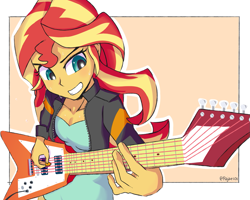 Size: 1255x1003 | Tagged: safe, artist:rajaie, character:sunset shimmer, species:eqg human, g4, my little pony:equestria girls, clothing, electric guitar, female, guitar, jacket, musical instrument, playing instrument, signature, simple background, solo, sunset shredder