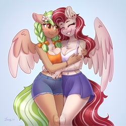 Size: 2048x2048 | Tagged: safe, alternate version, artist:dandy, oc, oc only, oc:cherry heart, oc:sylvia evergreen, species:anthro, species:pegasus, species:pony, belly button, blue background, blushing, bracelet, braided pigtails, breast squish, breasts, busty oc, chest fluff, cleavage, clothing, cute, duo, duo female, ear piercing, earring, eyebrows, eyelashes, eyes closed, female, females only, floppy ears, flower, flower in hair, freckles, hug, jewelry, nail polish, ocbetes, piercing, shirt, shorts, simple background, skirt, smiling, tail, tank top, wings