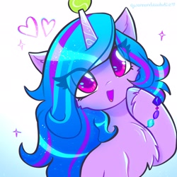 Size: 2048x2048 | Tagged: safe, artist:qwennondeathdie, character:izzy moonbow, species:pony, species:unicorn, g5, bracelet, cheek fluff, chest fluff, colored hooves, colored pupils, cute, ear fluff, eye clipping through hair, female, friendship bracelet, gradient hair, heart, high res, hooves, horn, hornball, izzy's tennis ball, izzybetes, jewelry, looking at you, mare, multicolored hair, open mouth, open smile, signature, simple background, smiling, solo, sparkles, tennis ball, unshorn fetlocks, white background