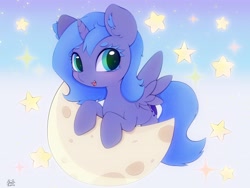 Size: 4000x3000 | Tagged: safe, artist:zokkili, character:princess luna, species:alicorn, species:pony, g4, beanbrows, cute, eyebrows, female, filly, filly luna, high res, horn, looking at you, lunabetes, moon, open mouth, open smile, signature, smiling, smiling at you, solo, sparkles, spread wings, stars, wings, woona, younger
