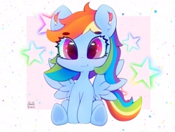Size: 4000x3000 | Tagged: safe, artist:zokkili, character:rainbow dash, species:pegasus, species:pony, g4, beanbrows, cute, dashabetes, ear fluff, eye clipping through hair, eyebrows, eyebrows visible through hair, female, frog (hoof), high res, hooves, looking at you, signature, sitting, smiling, smiling at you, solo, spread wings, stars, underhoof, wings