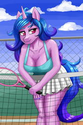 Size: 1400x2100 | Tagged: safe, artist:zachc, part of a set, character:izzy moonbow, species:anthro, species:unicorn, g5, breasts, busty izzy moonbow, cleavage, clothing, cloud, colored eyebrows, colored pupils, downblouse, eyebrows, female, gradient hair, mare, multicolored hair, nail polish, net, png, skirt, sky, solo, sports, tennis, tennis court, tennis racket